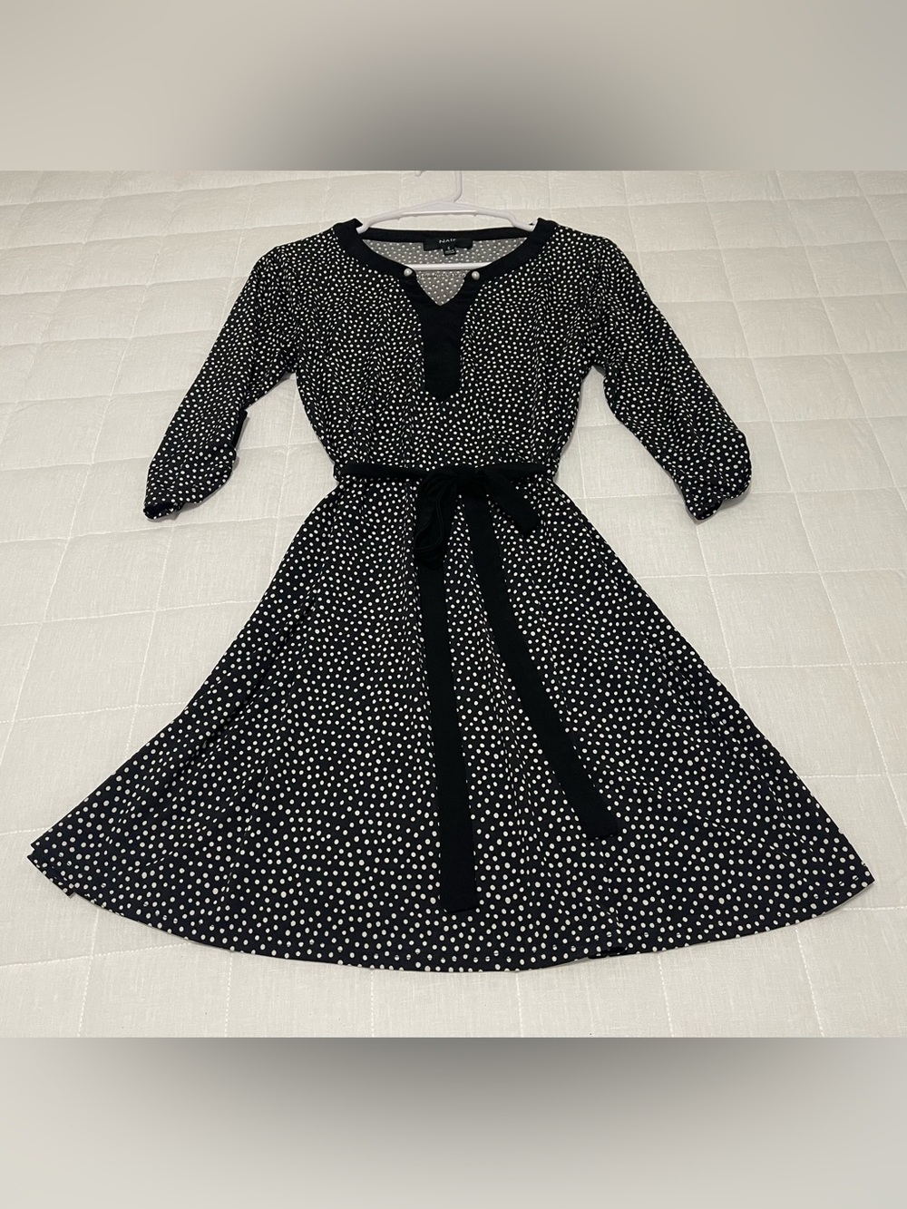 NAIF Black Midi Dress with White Polka Dots and Tie Waist